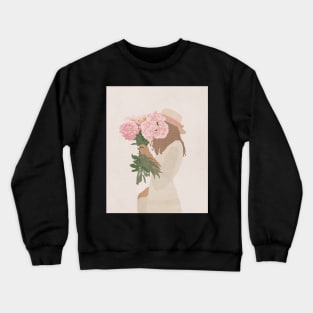 Girl with flowers, Peonies, Hat, Boho style art, Mid century art Crewneck Sweatshirt